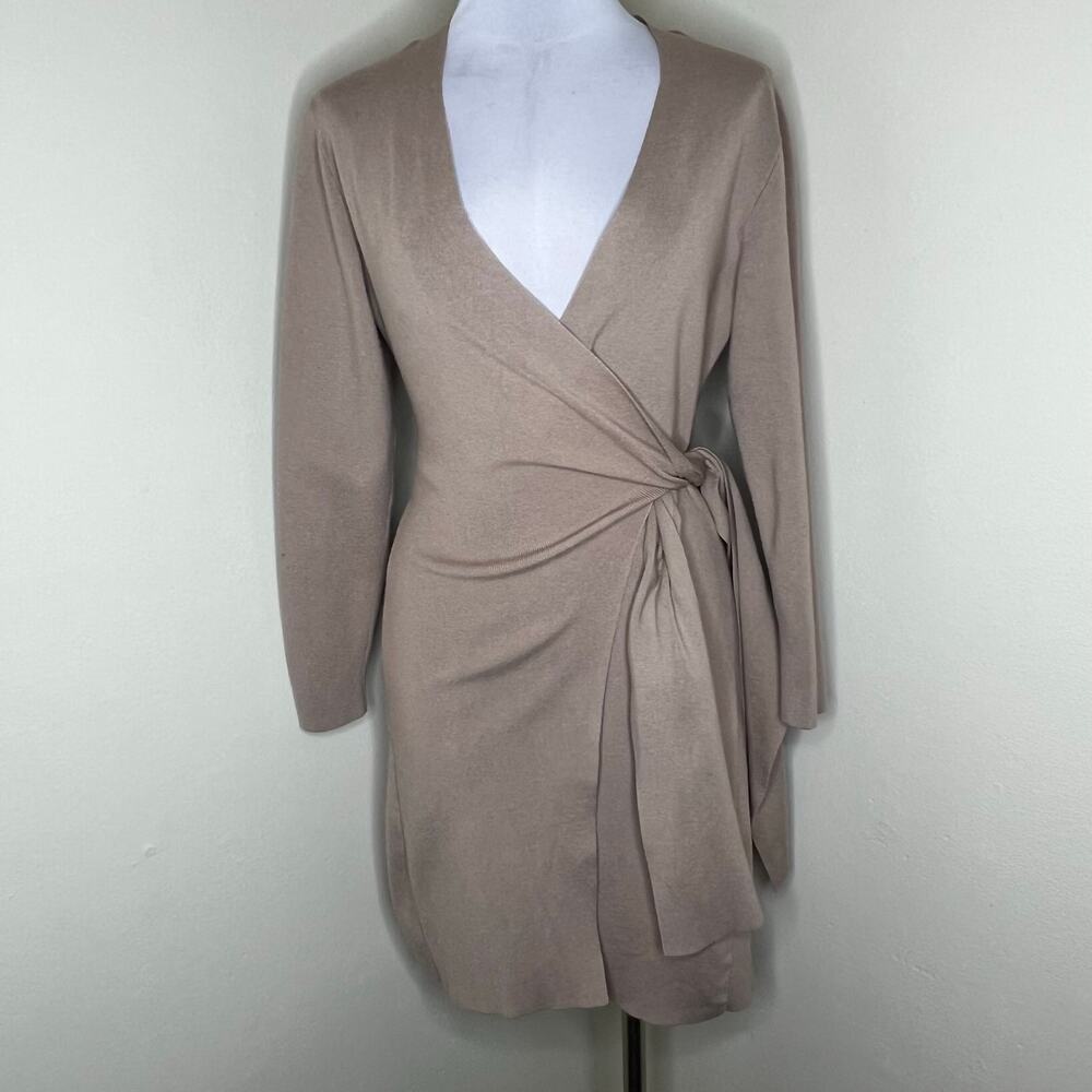 Floryday Sweater Wrap Dress Small Light Brown V-Neck Mini Long Sleeve Rib Knit